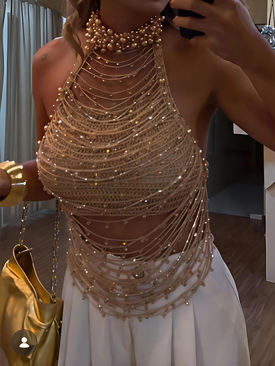 Tassel Chain Halter Neck Pearl Top Chest Chain