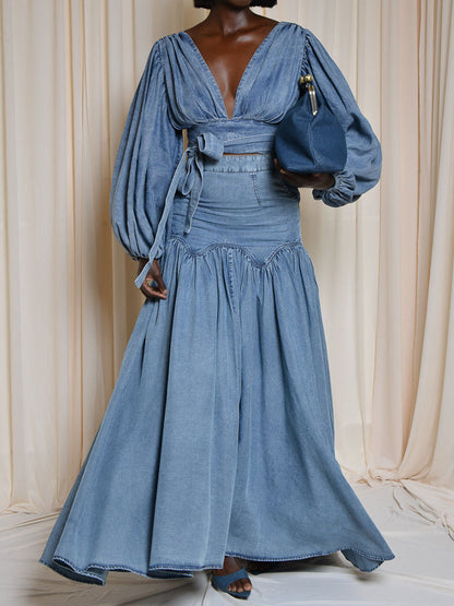 Denim Deep V Neck Backless Two Pieces Dress