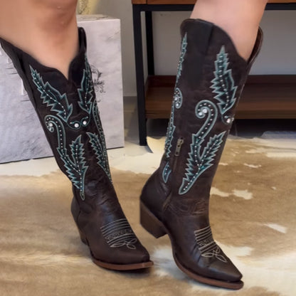 Embroidered Point-Toe Tall Knights Boots