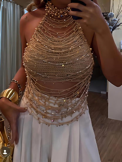 Tassel Chain Halter Neck Pearl Top Chest Chain