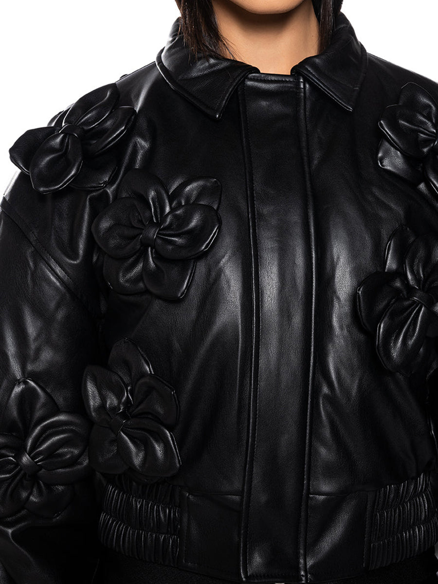 3D Floral Faux Leather Elastic Waistband Bomber