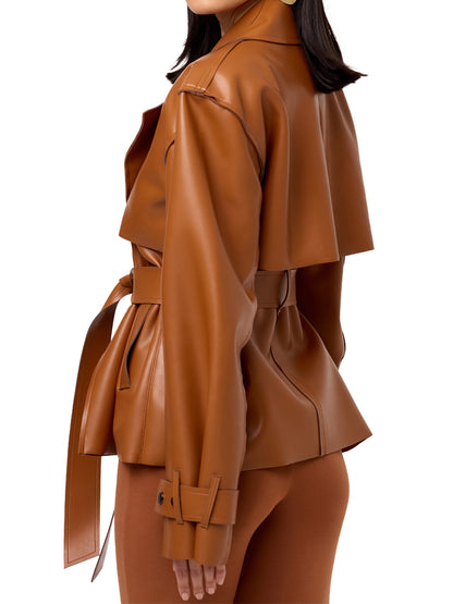 PU Faux Leather Crop Trench Jacket
