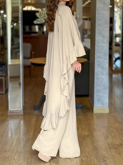 Crewneck Ruffled Blouse & Wide Leg Pants