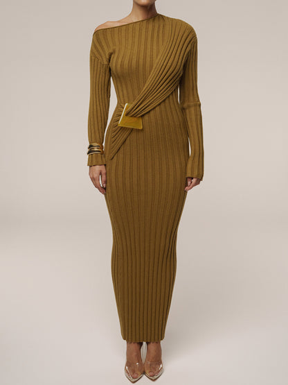 Asymmetric Neck Acrylic Accent Knitted Maxi Dress