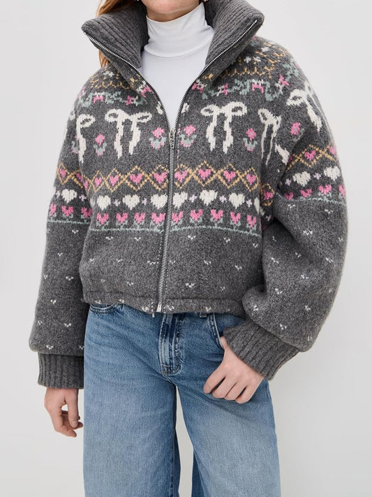 Women's Fair Isle Pattern Drawstring Waist Sweater Jacket