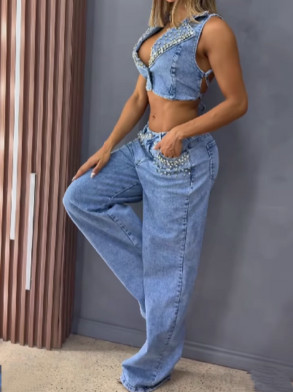 Rhinestone Trim Halter Denim Suit