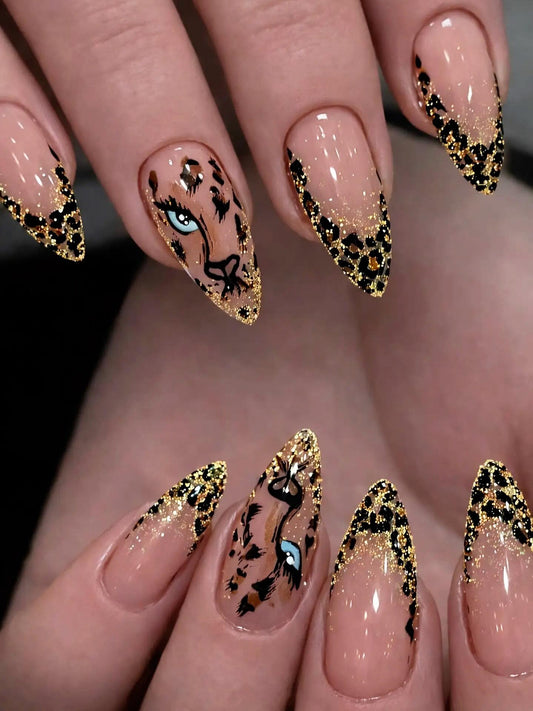 Leopard Hand-Painted Almond Armor Shinny Press-on Nail