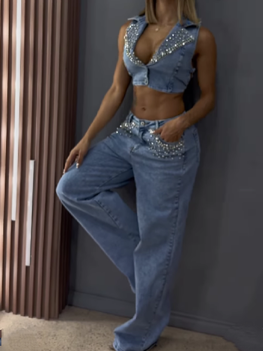 Rhinestone Trim Halter Denim Suit