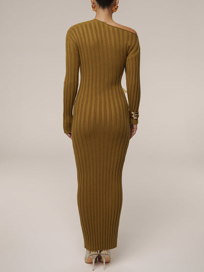 Asymmetric Neck Acrylic Accent Knitted Maxi Dress