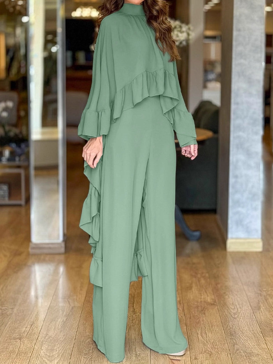 Crewneck Ruffled Blouse & Wide Leg Pants
