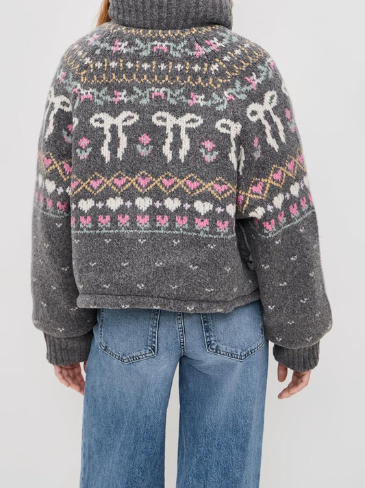 Women's Fair Isle Pattern Drawstring Waist Sweater Jacket