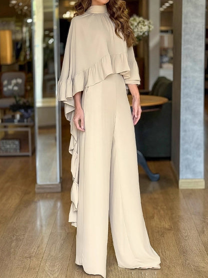 Crewneck Ruffled Blouse & Wide Leg Pants