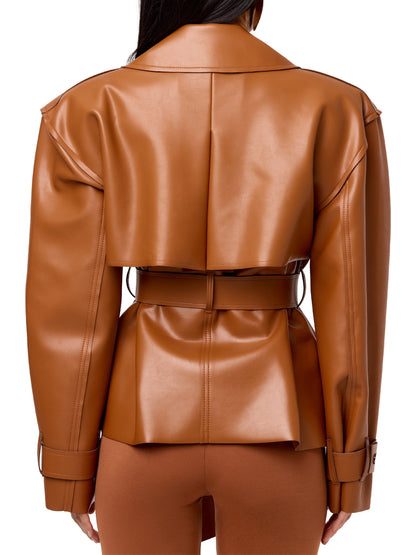 PU Faux Leather Crop Trench Jacket