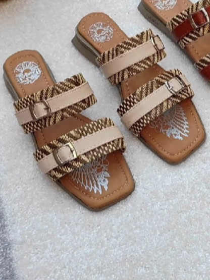 Leather Double-Button Flat Sandals