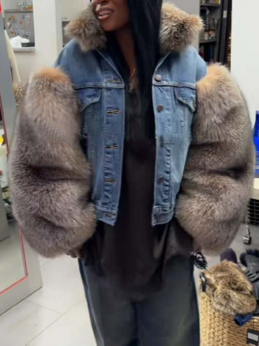 Denim Patchwork Faux Fur Coat