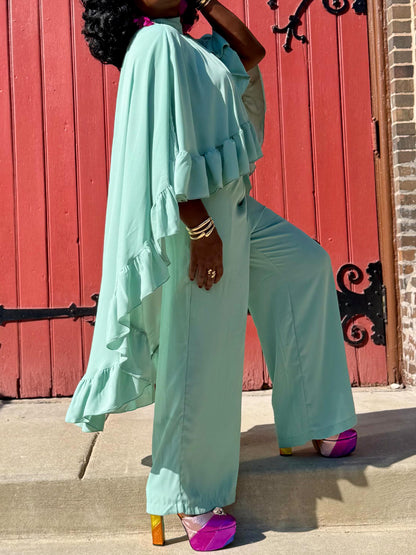Crewneck Ruffled Blouse & Wide Leg Pants