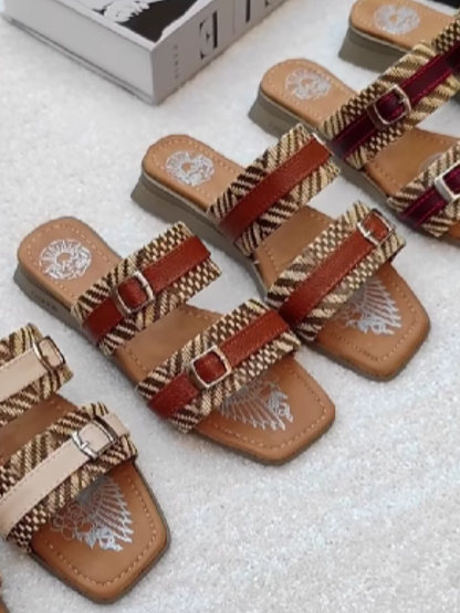 Leather Double-Button Flat Sandals