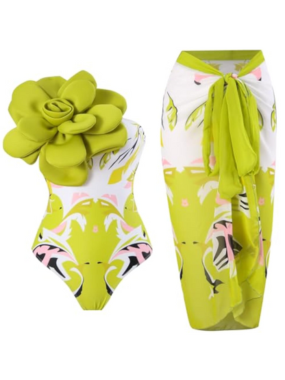 D Large Flower Embellished Printed Swimsuit Suit
