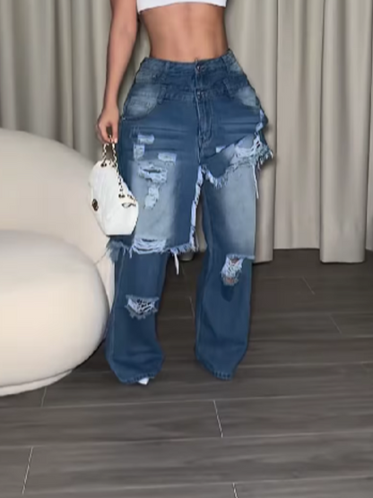 Stitched Double-Layer Ripped Jeans