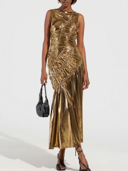Fashionable All-Match Casual Gold Pleated Dress